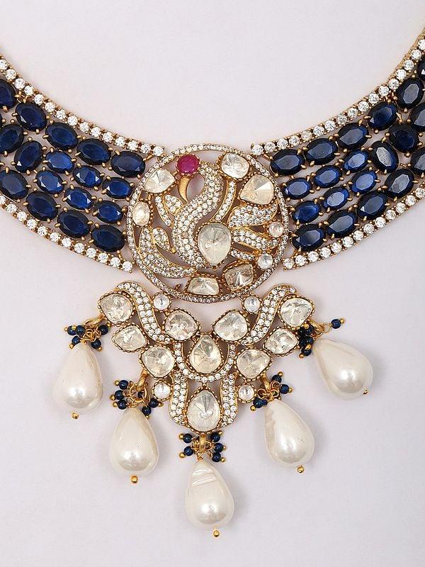 Exotic India Designer Necklace & Earrings Set With Moissanite And Kundan