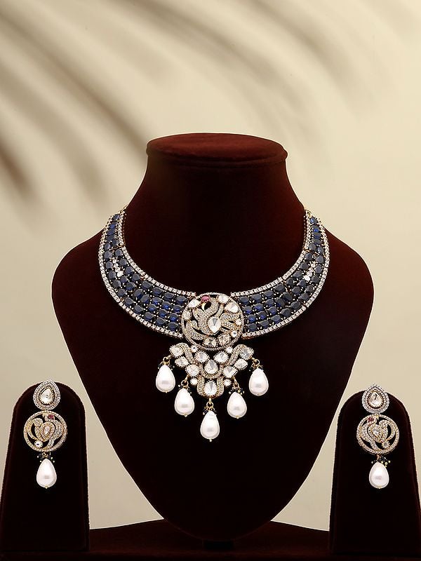exotic india Designer Necklace & Earrings Set with Moissanite and Kundan