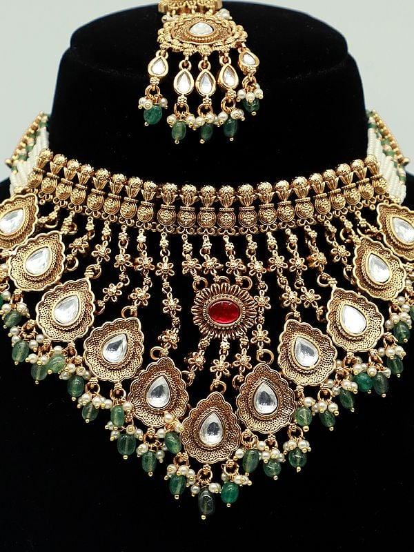 Exotic India Designer Necklace Set For Bride With Hanging Beads Mangtika And Earrings