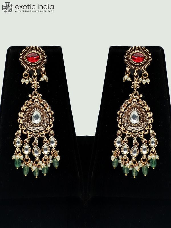 Exotic India Designer Necklace Set For Bride With Hanging Beads Mangtika And Earrings
