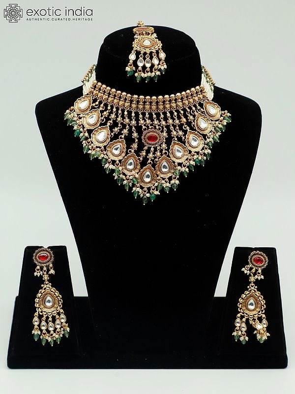 exotic india Designer Necklace Set For Bride With Hanging Beads Mangtika And Earrings 