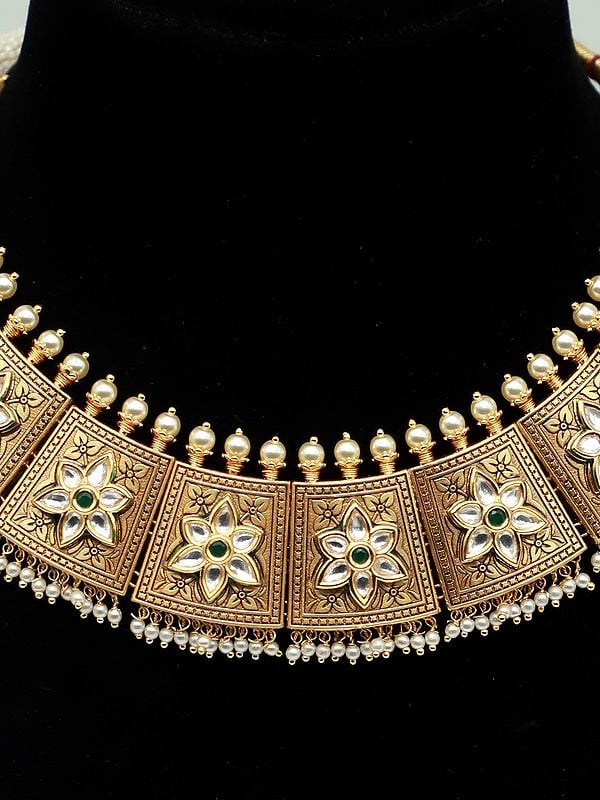 Exotic India Designer Necklace Set In Matte Finish With Carving And Attractive Earrings