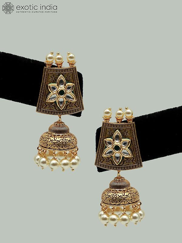 Exotic India Designer Necklace Set In Matte Finish With Carving And Attractive Earrings