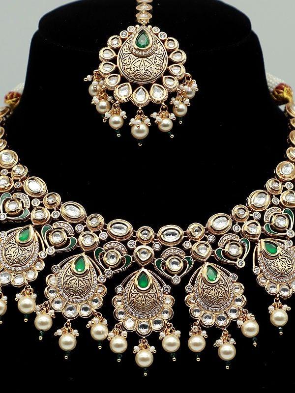 Exotic India Designer Necklace Set With Hanging Beads Mangtika And Brass Carving Earrings