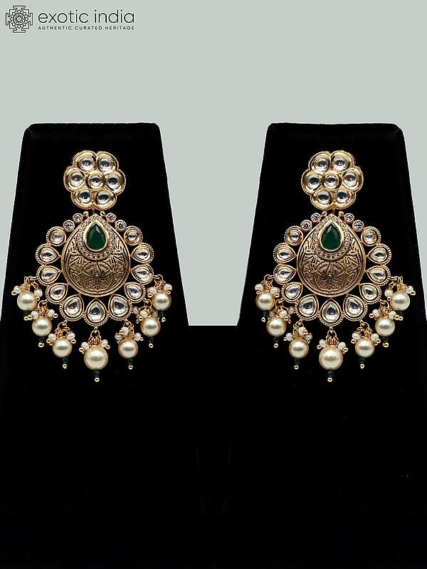 Exotic India Designer Necklace Set With Hanging Beads Mangtika And Brass Carving Earrings