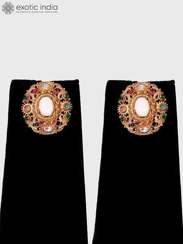Exotic India Designer Oval Shaped Stone Studded Pendant Set With Earrings