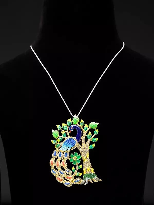 Exotic India Designer Peacock Pendant And Earrings Set With Cubic Zirconia
