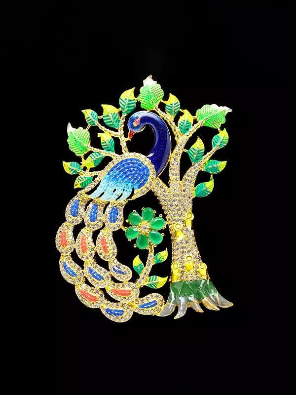 Exotic India Designer Peacock Pendant And Earrings Set With Cubic Zirconia