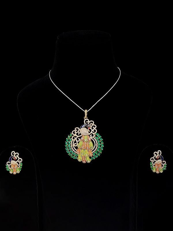 Exotic India Designer Peacock Pendant And Earrings Set With Cubic Zirconia 