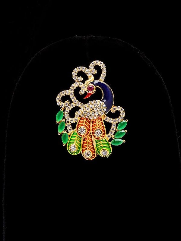 Exotic India Designer Peacock Pendant And Earrings Set With Cubic Zirconia 