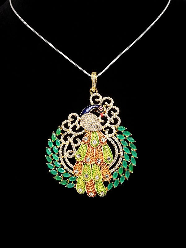 Exotic India Designer Peacock Pendant And Earrings Set With Cubic Zirconia 