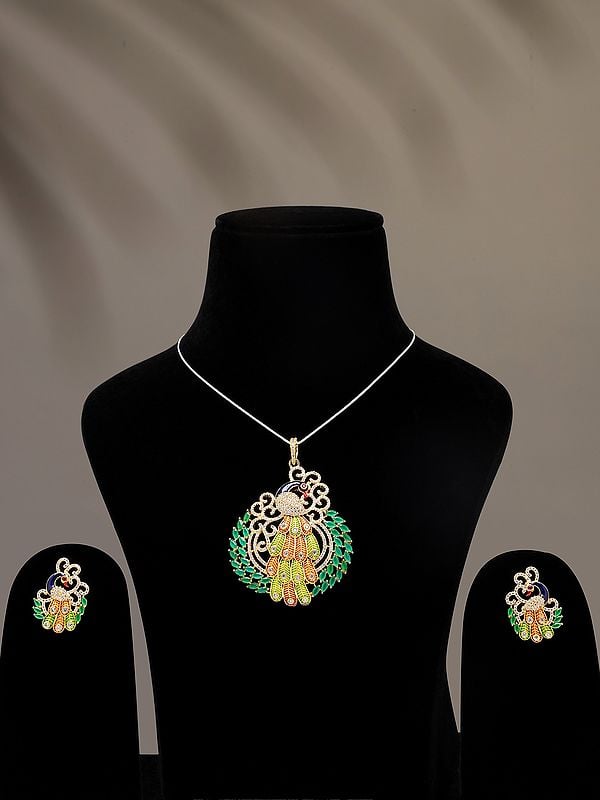 exotic india Designer Peacock Pendant and Earrings Set with Cubic Zirconia 