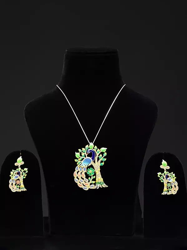 exotic india Designer Peacock Pendant and Earrings Set with Cubic Zirconia