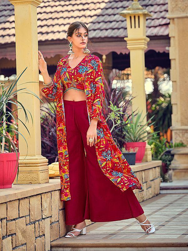 Exotic India Designer Silk Floral Printed Party Wear Crop-Top Indo-Western Suit With Shrug 