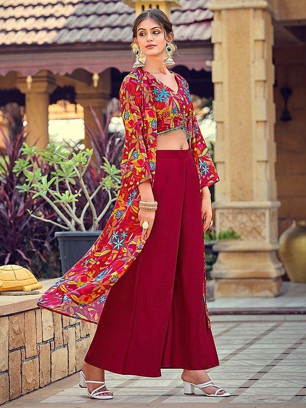Exotic India Designer Silk Floral Printed Party Wear Crop-Top Indo-Western Suit With Shrug 