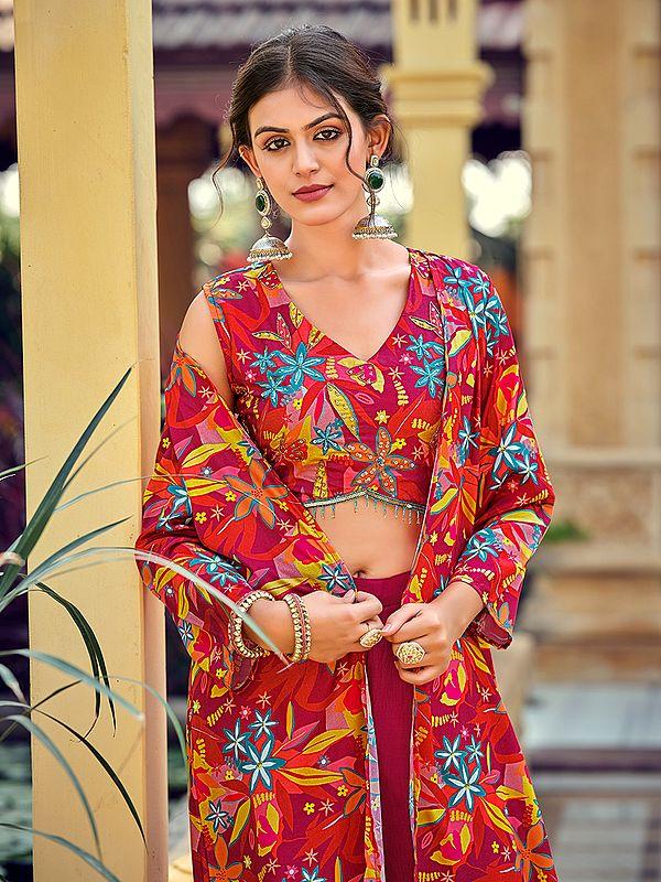 Exotic India Designer Silk Floral Printed Party Wear Crop-Top Indo-Western Suit With Shrug 