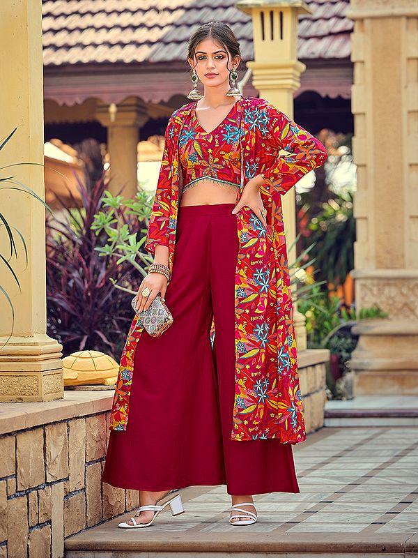 exotic india Designer Silk Floral Printed Party Wear Crop-Top Indo-Western Suit With Shrug 