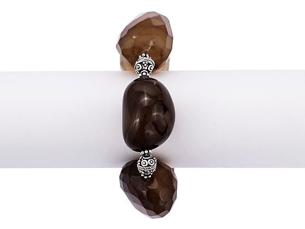 Exotic India Designer Sterling Silver Bracelet With Brown Agate