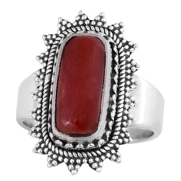 Exotic India Designer Sterling Silver Coral Ring | Indian Jewelry 