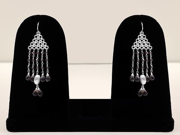 exotic india Designer Sterling Silver Dangle Earring with Faceted Smoky Quartz 