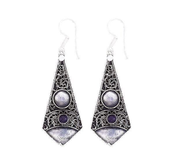 exotic india Designer Sterling Silver Earrings Studded with Amethyst Stone 
