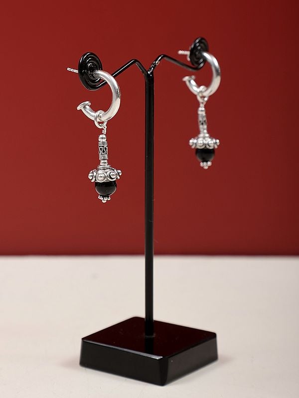 Exotic India Designer Sterling Silver Half Hoop Earring With Gemstone