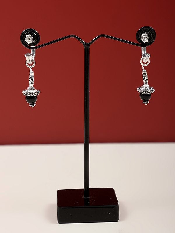 Exotic India Designer Sterling Silver Half Hoop Earring With Gemstone