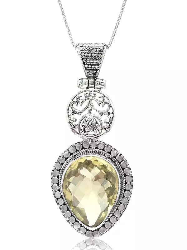 Exotic India Designer Sterling Silver Pendant With Inverted Tear Drop Lemon Quartz Gemstone 