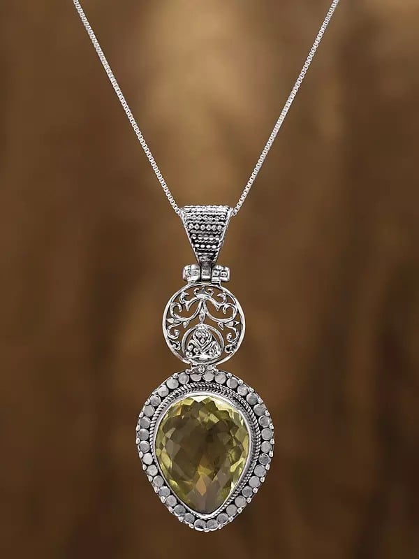Exotic India Designer Sterling Silver Pendant With Inverted Tear Drop Lemon Quartz Gemstone 