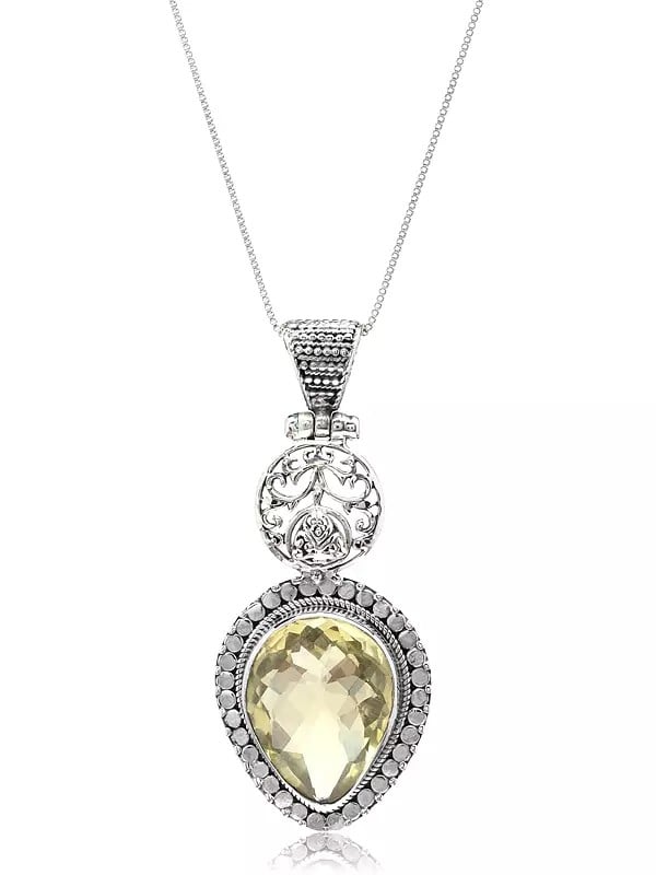 exotic india Designer Sterling Silver Pendant with Inverted Tear Drop Lemon Quartz Gemstone 