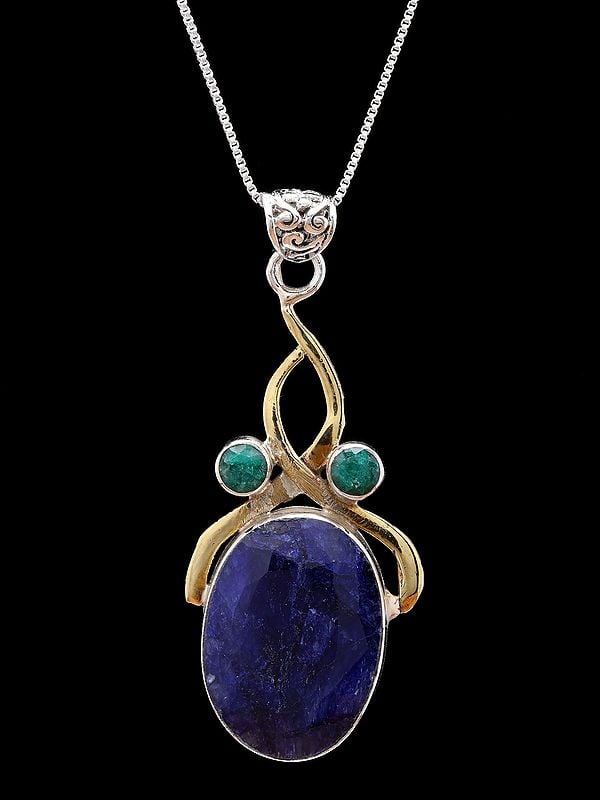 Exotic India Designer Sterling Silver Pendant With Oval Shape Gemstone 