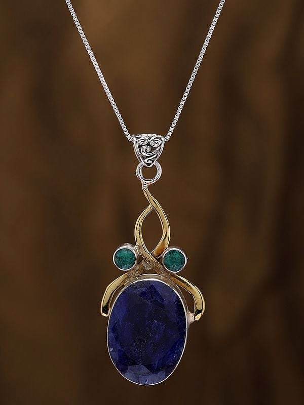 Exotic India Designer Sterling Silver Pendant With Oval Shape Gemstone 