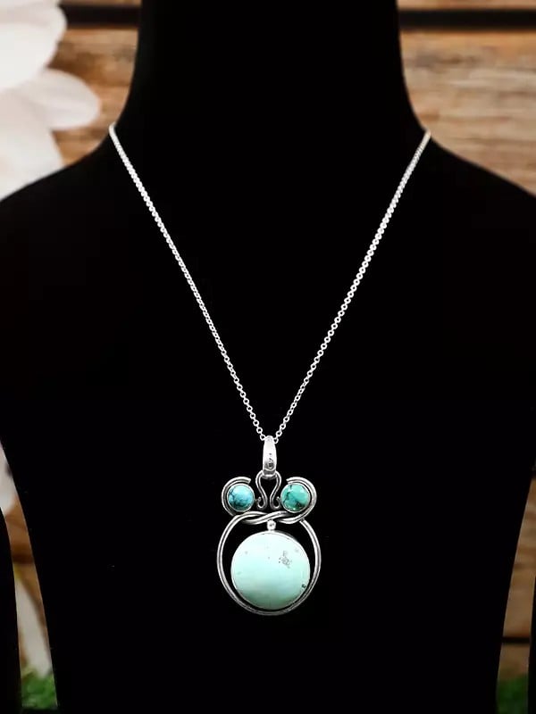 Exotic India Designer Sterling Silver Pendant With Turquoise Gemstone