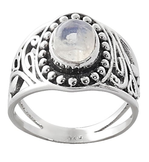 Exotic India Designer Sterling Silver Ring Studded With Rainbow Moonstone 
