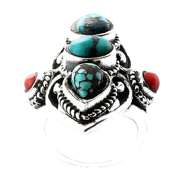 Exotic India Designer Sterling Silver Ring Studded With Turquoise And Coral Stone (Big Size) 