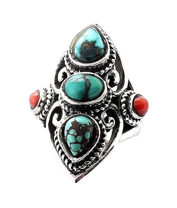exotic india Designer Sterling Silver Ring Studded with Turquoise and Coral Stone (Big Size) 
