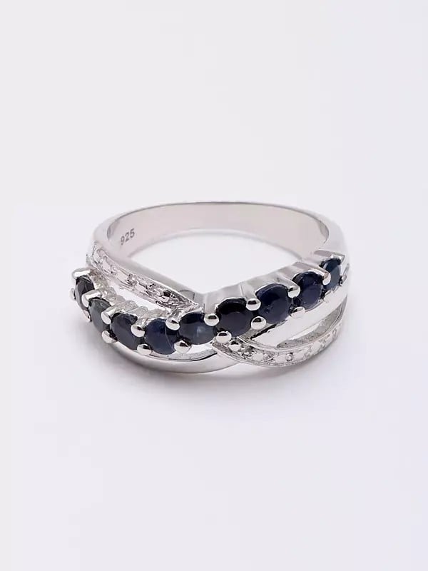 Exotic India Designer Sterling Silver Ring With Faceted Blue Sapphire 