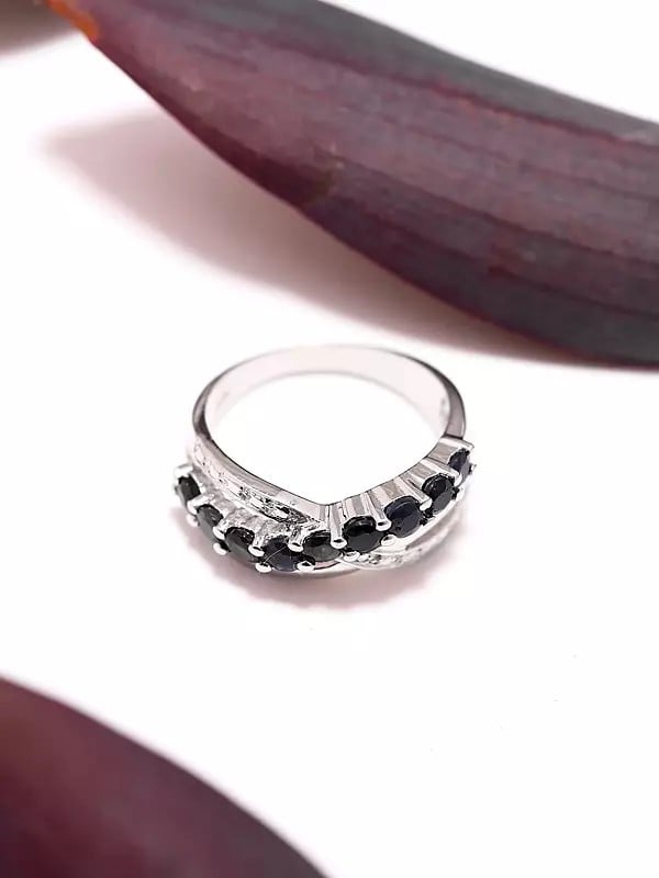 Exotic India Designer Sterling Silver Ring With Faceted Blue Sapphire 