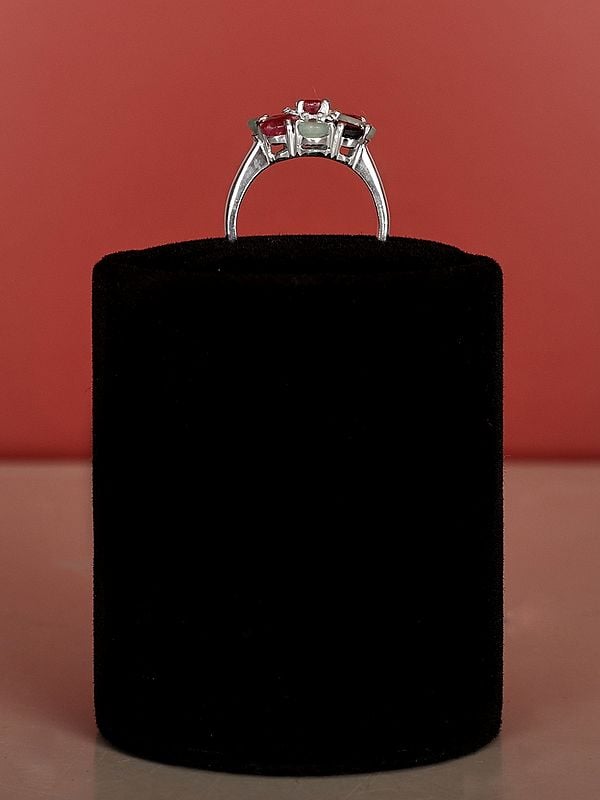 Exotic India Designer Sterling Silver Ring With Multiple Gemstones 