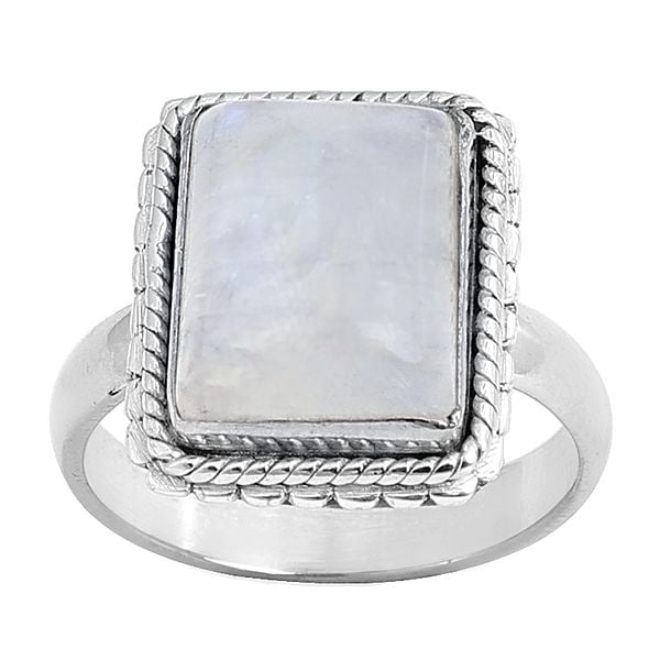 Exotic India Designer Sterling Silver Ring With Rainbow Moonstone 