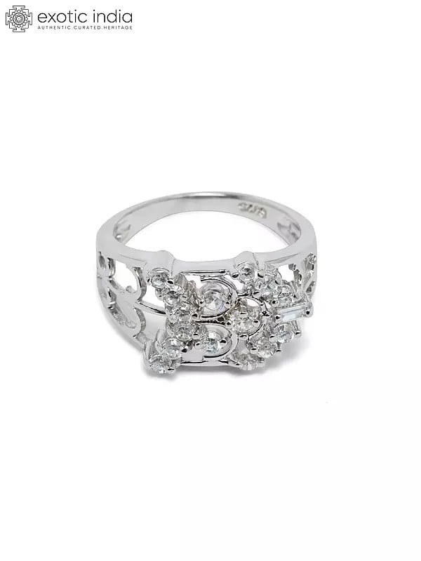 Exotic India Designer Sterling Silver Ring With Round Shape Cubic Zirconia 