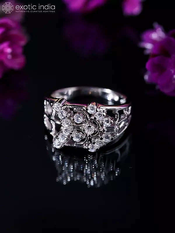 Exotic India Designer Sterling Silver Ring With Round Shape Cubic Zirconia 