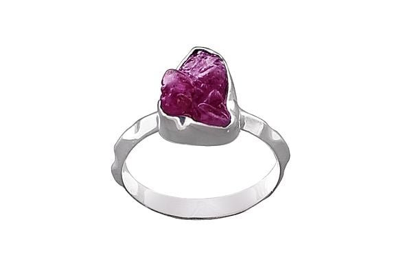 Exotic India Designer Sterling Silver Ring With Rugged Pink Gemstone