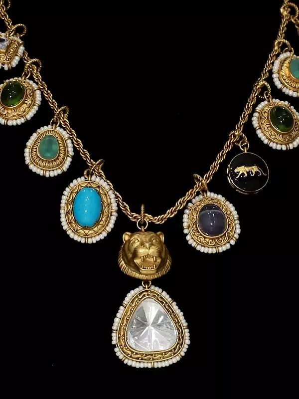 Exotic India Designer Stone Studded Embellished Necklace Set With Earrings