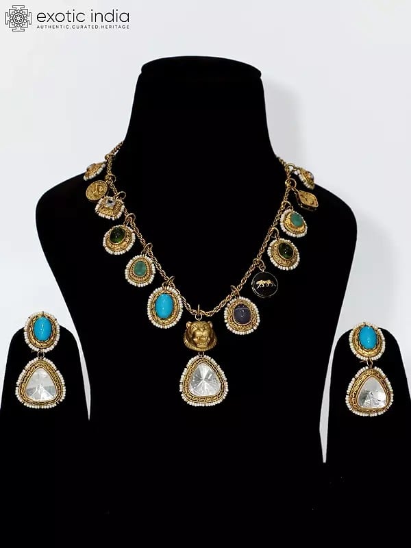 exotic india Designer Stone Studded Embellished Necklace Set with Earrings