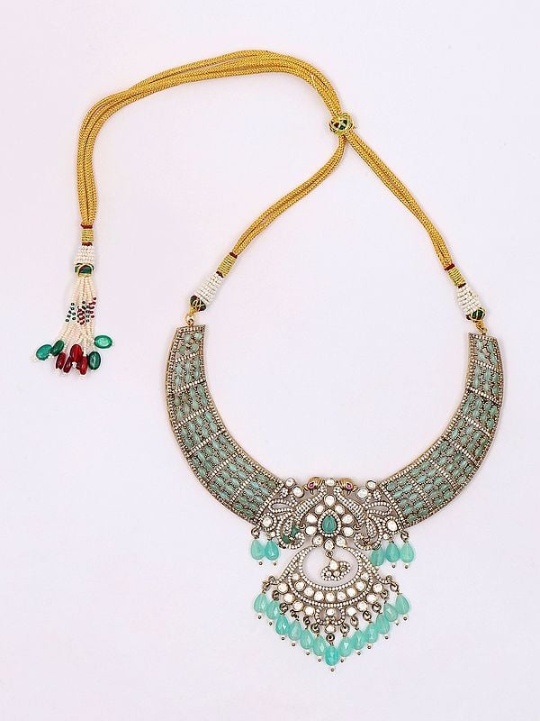 Exotic India Designer Stone Studded Necklace And Earrings Set With Dangling Beads