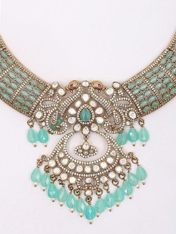 Exotic India Designer Stone Studded Necklace And Earrings Set With Dangling Beads