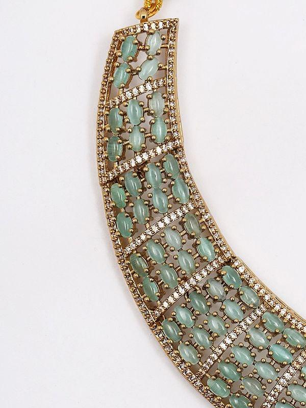 Exotic India Designer Stone Studded Necklace And Earrings Set With Dangling Beads