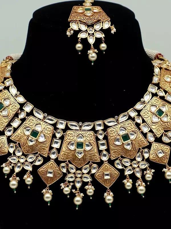 Exotic India Designer Tara Matte Finish Meenakari Set With Mangtika And Earrings In Brass
