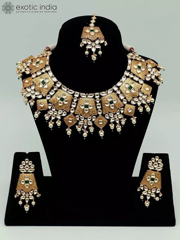 exotic india Designer Tara Matte Finish Meenakari Set With Mangtika And Earrings In Brass 